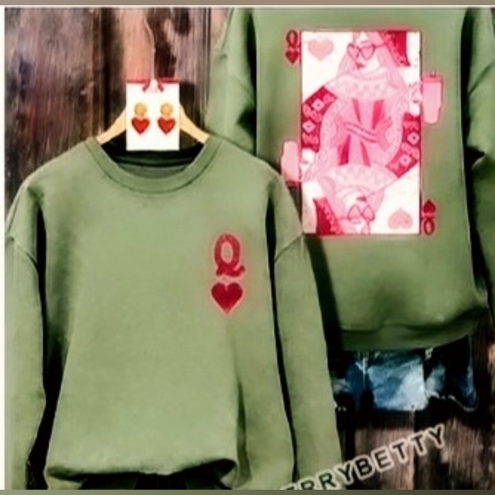 Olive Green Women's L Sweatshirt w/ Red Queen of Hearts Graphic On Front & Back